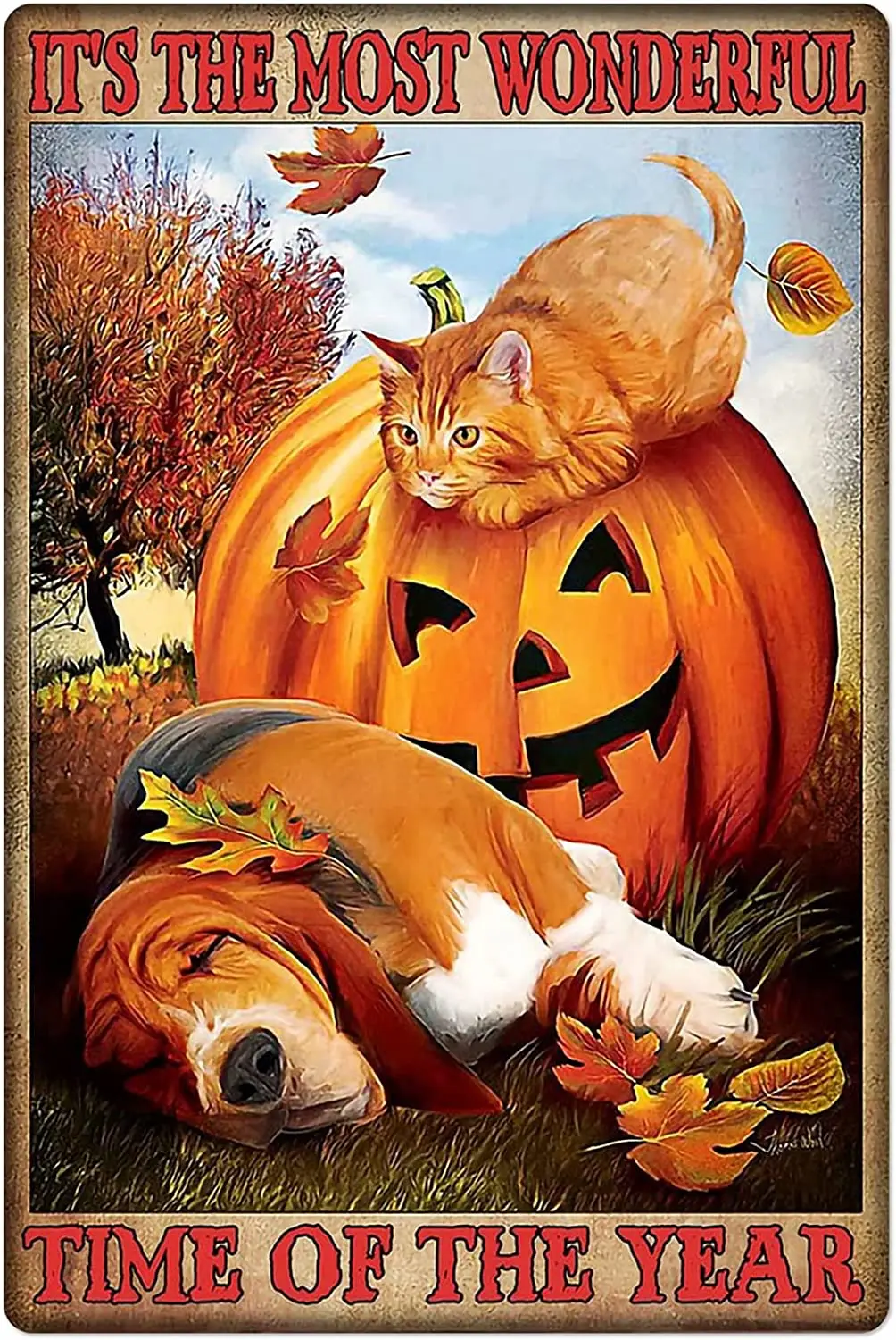 

Funny Vintage Pumpkin Orange Cat Dog Metal Tin Sign