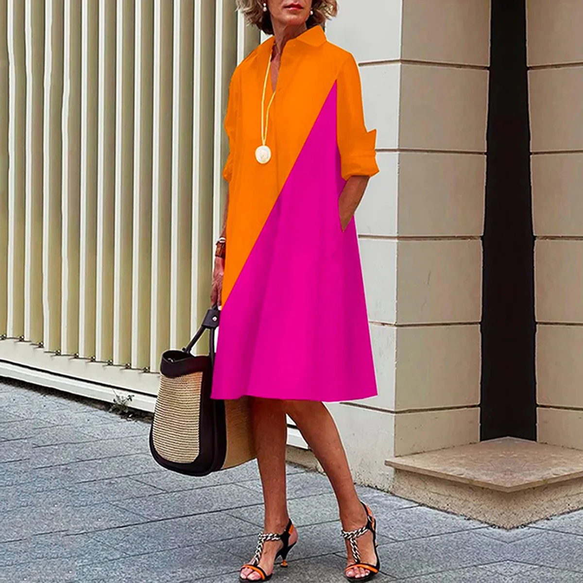 

Women's Dress Fashion Urban Lady Selection Contrast Color Long Sleeves Lapel Collar Elegant Party Midi Dresses 2023 New