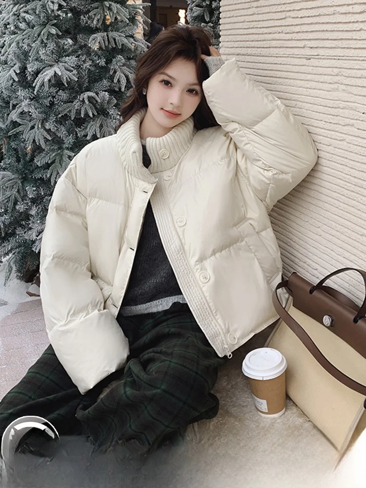 Супер красивый белый вязаный воротник короткий пуховик женская зима 2024 новый
