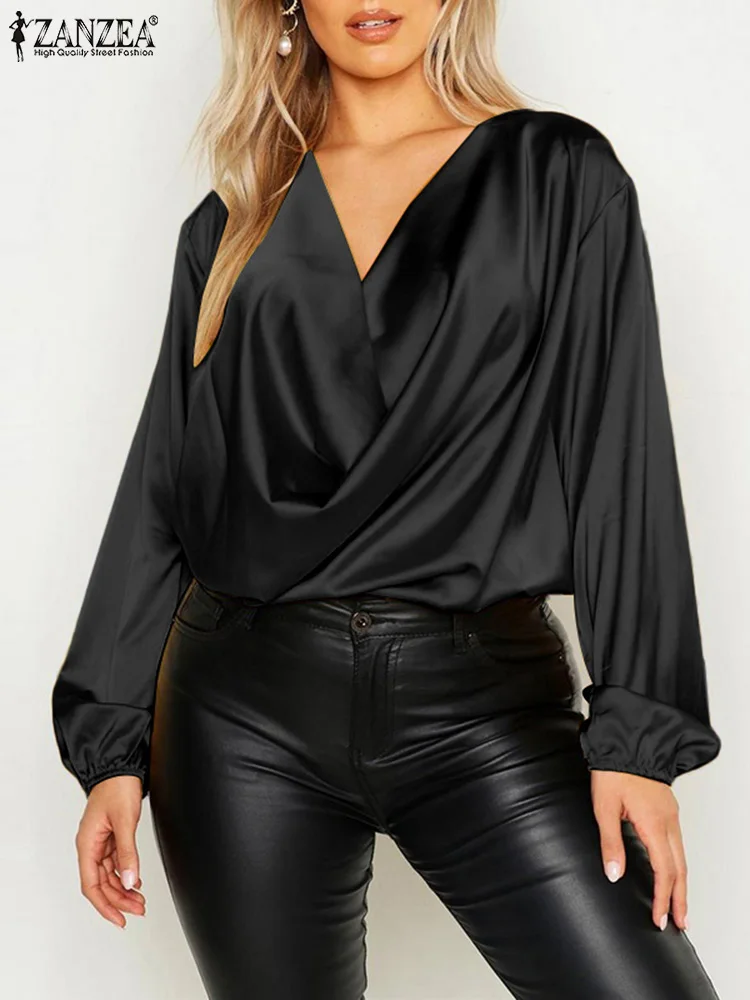 

Стильная женская блузка ZANZEA, повседневные женские осенние блузки, элегантные атласные топы, плиссированные топы, женская рубашка с V-образным вырезом, большие размеры, 2023