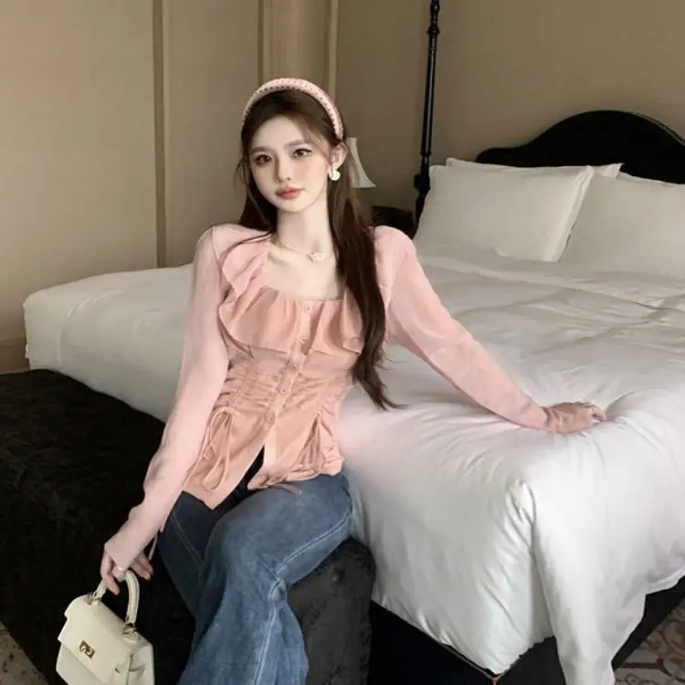 Весенне-осенняя сексуальная милая пряная рубашка с квадратным вырезом и