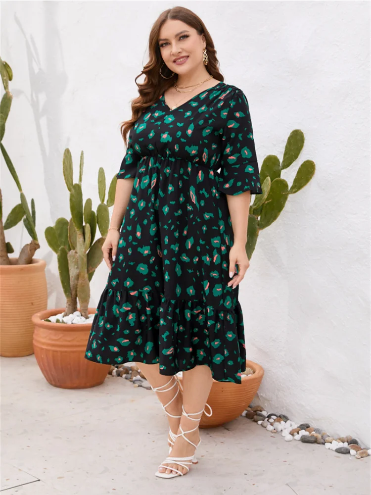 Plus size women summer new V-neck short-sleeved ruffled elastic waist dress long skirt plus size feminino