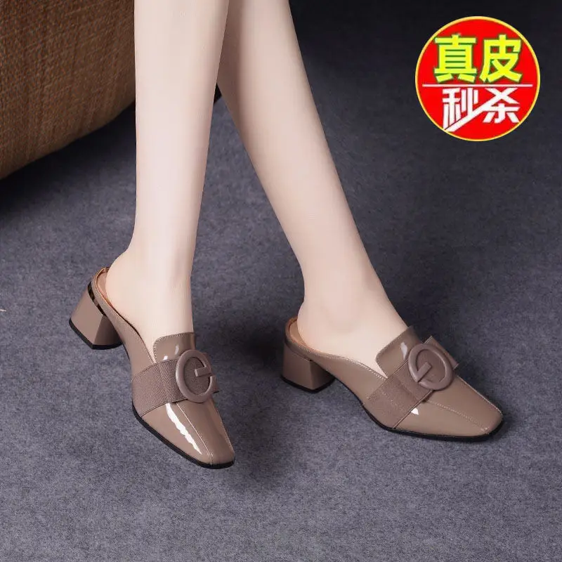 

2022 New Summer Baotou Outer Wear Semi-slippers Women's Mid-heel Leather Sandals Semi-support Women's Shoes Sandals