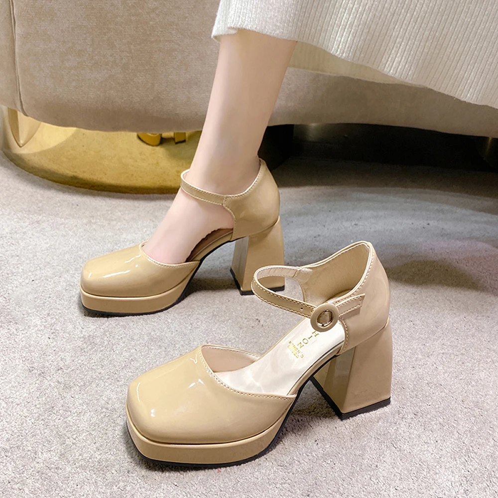 women patent leather square head waterproof table Mary Jane high heels 2023 new all-match one line belt hollow thick heel shoes