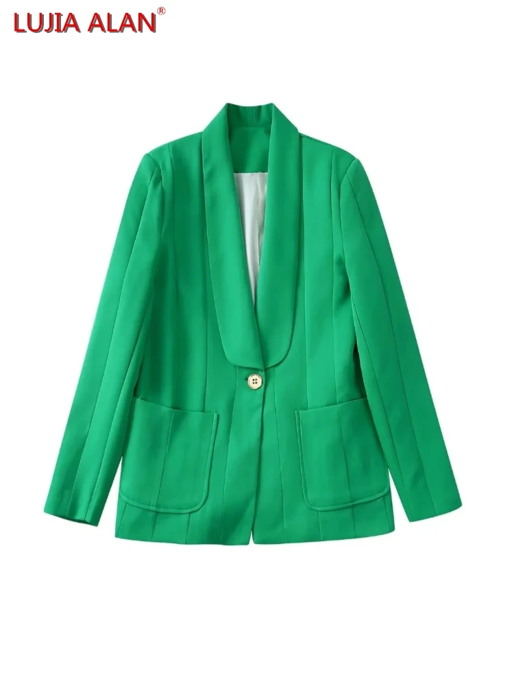 

Single Button Patch Pocket Women Green Suit Coat Autumn Female Long Sleeve Outerwear Casual Loose Tops LUJIA ALAN C1515