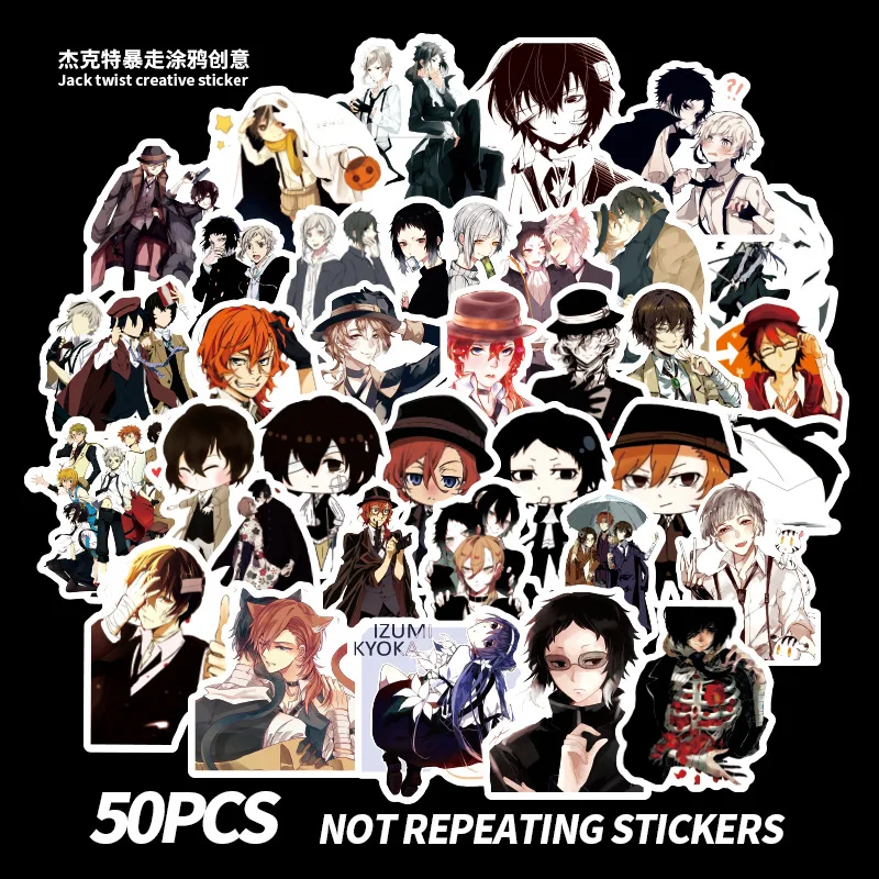 

50pcs Bungo Stray Dogs Stickers Anime Stationery Stickers PVC Graffiti Decals Suitcase Luggage Guitar Waterproof Children's Toys