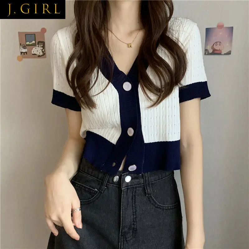 

Jackets Women Slim Summer Knitting Breathable Casual Crop Single Breasted Patchwork Popular Ladies Clothing Outerwear Korean Ins
