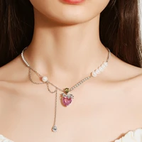 black angel heart shaped pink zircon earrings women luxury tassel pearl super cute strawberry powder love necklace jewelry set