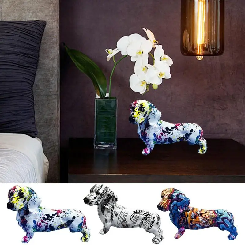 

Dog Figurine Creative Painted Graffiti Dachshund Dog Sculpture Animal Statues Graffiti Animal Art Figurines For Home Decoration