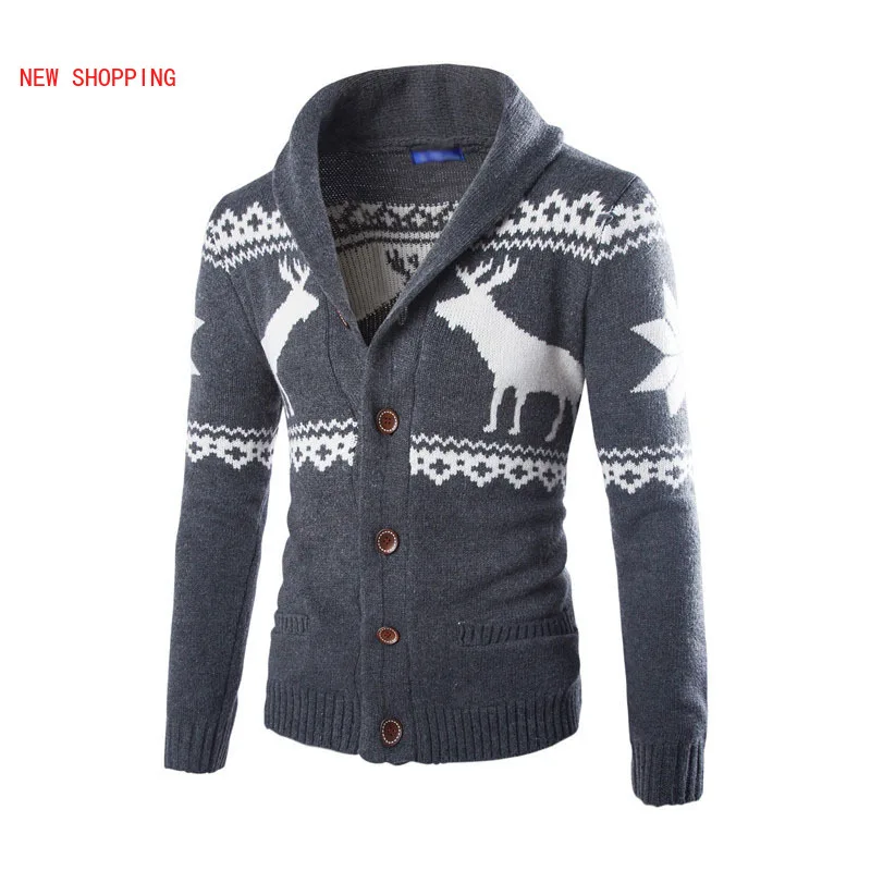 Spring Autumn Fashion Warm Christmas Sweater Men Deer Printed Jacket Coat Casual V Neck Knitting Mens Cardigan Sweaters Brand