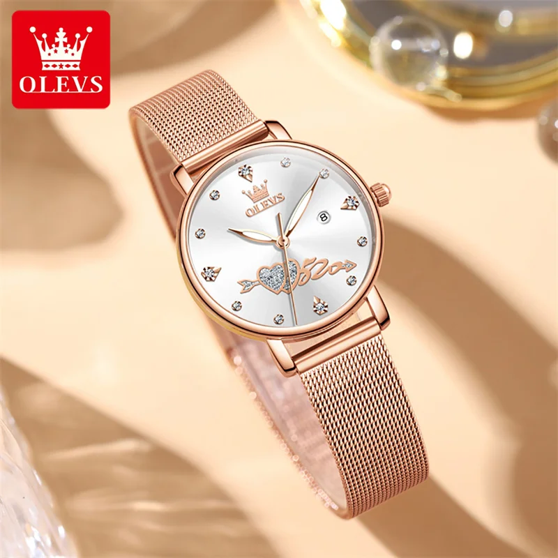 OLEVS 2023 Fashion Simple Women Quartz Watches Luxury Diamond Waterproof Rose Gold Mesh Strap Calendar Display Watch For Women
