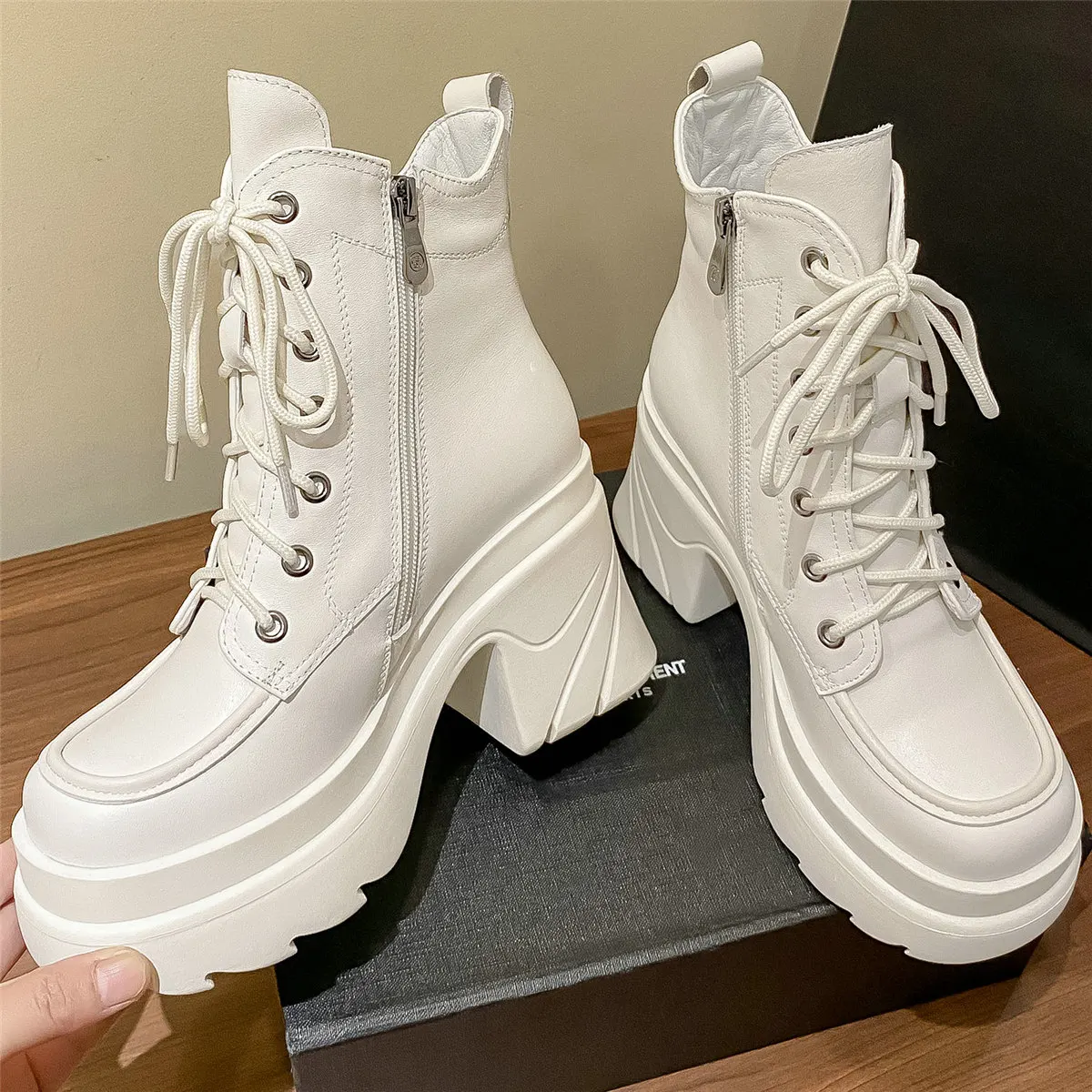 

Winter Warm Creepers Women Genuine Leather High Heel Platform Pumps Shoe Female High Top Round Toe Fashion Sneakers Casual Shoes