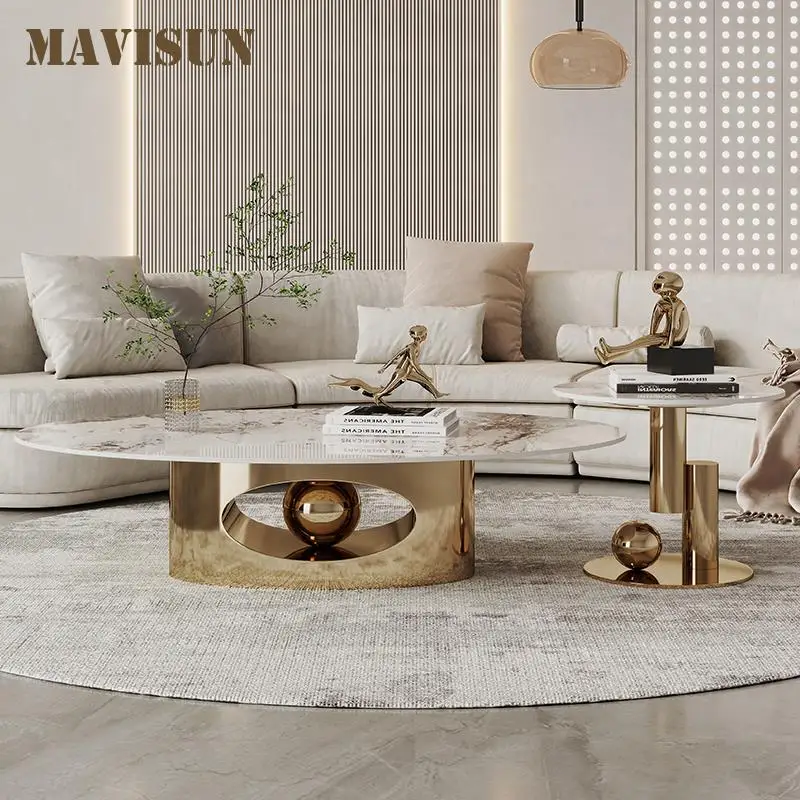 

Versatile Appearance Design Living Room Furniture Glossy Rock Slab Desktop Stable Stainless Steel Frame Coffee Table Combination