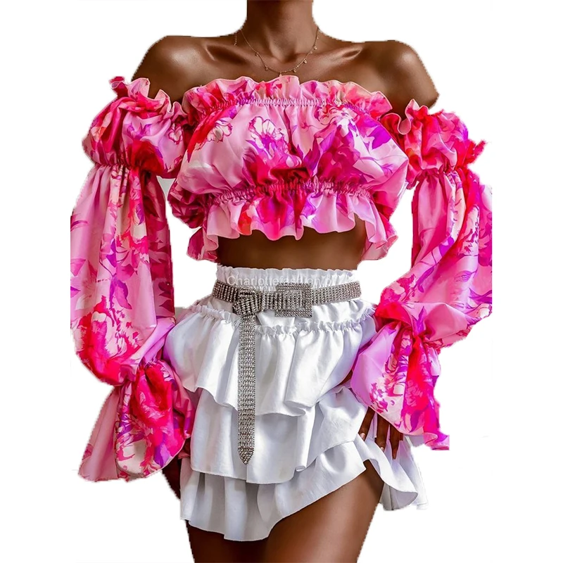 

Блузка женская с открытыми плечами, пикантный элегантный пуловер с цветочным принтом и оборками, эластичный кроп-топ, модная пляжная рубашк...
