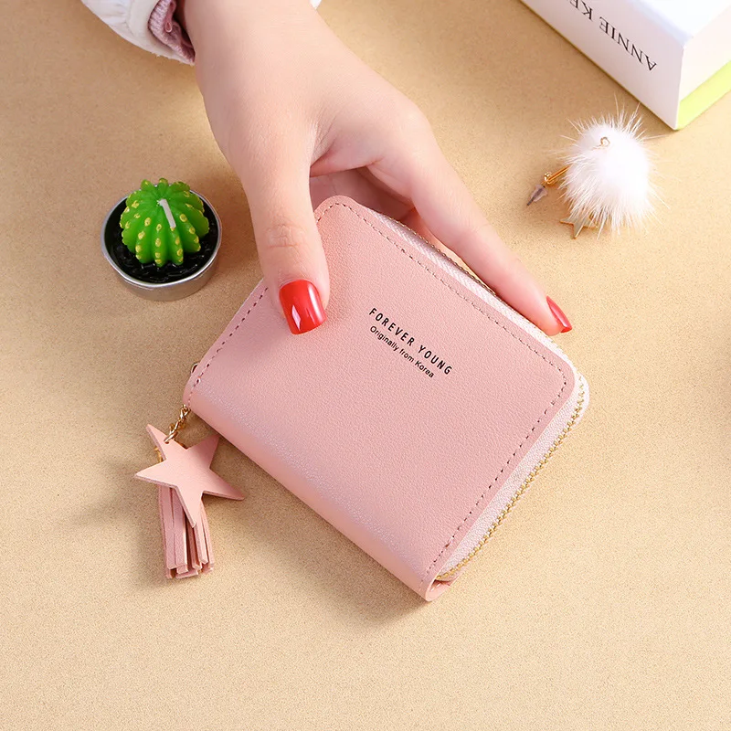 Women Short Wallet Simple Square Wallet Zipper PU Leather Wallet Tassel Mini Coin Purse Female Credit Bank Card Holder cartera