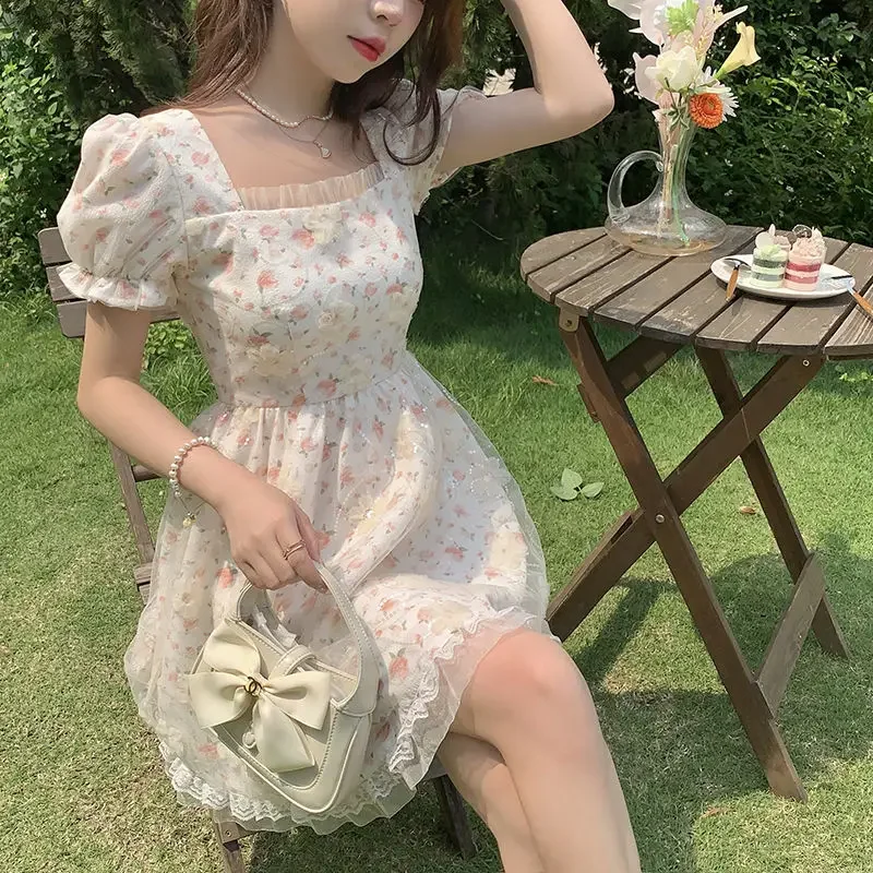 Hikigawa повседневное кружевное лоскутное женское платье с квадратным воротником