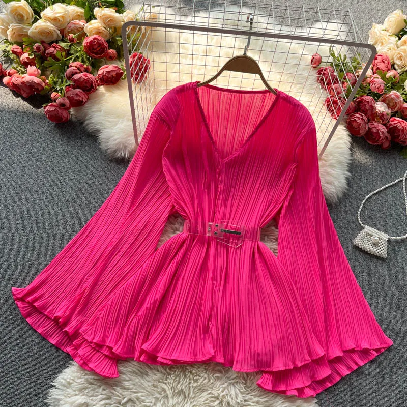 

2022 New Design Pleated Blouse Women Casual V Neck Flare Long Sleeve Solid Blusa Tunic Belted Female Spring Shirt Blouse Top Tee
