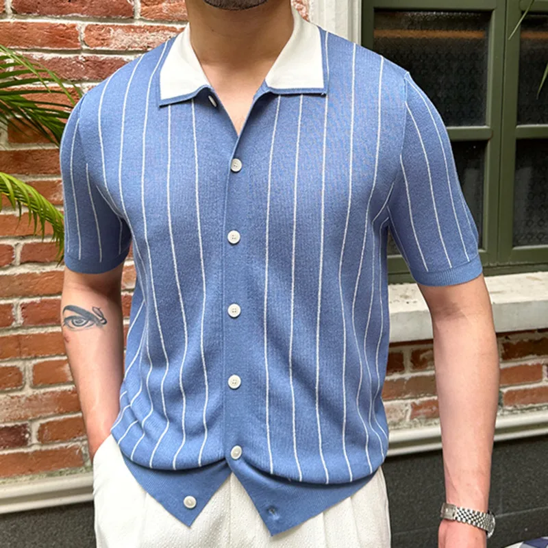 

Качественная футболка-кардиган с контрастными полосками, летняя футболка-поло с коротким рукавом, мужская Трикотажная Повседневная рубашка-поло с отворотом, Camisa Hombre