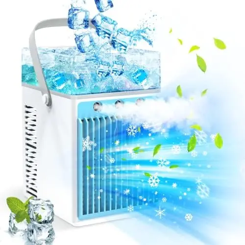 

Air Conditioners, 4 in 1 Rechargeable Evaporative Personal Cooler Humidifier with 6 Ice Boxes, 3 Speeds Quiet Mini AC with LED,