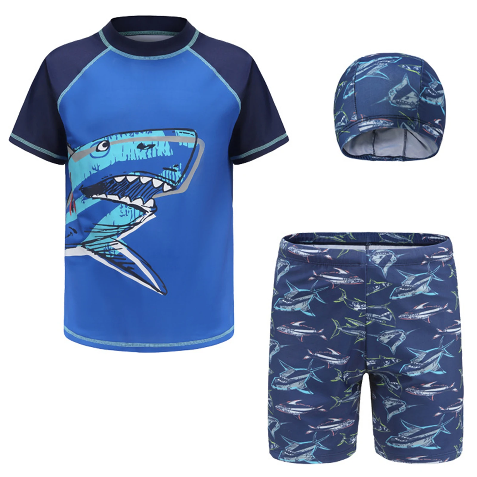 

3Pcs Kids Boys Fashion Print Swimsuit Short Sleeve Swimwear Swimsuit Tops Elastic Waistband Trunks and Hat Rash Guard Set