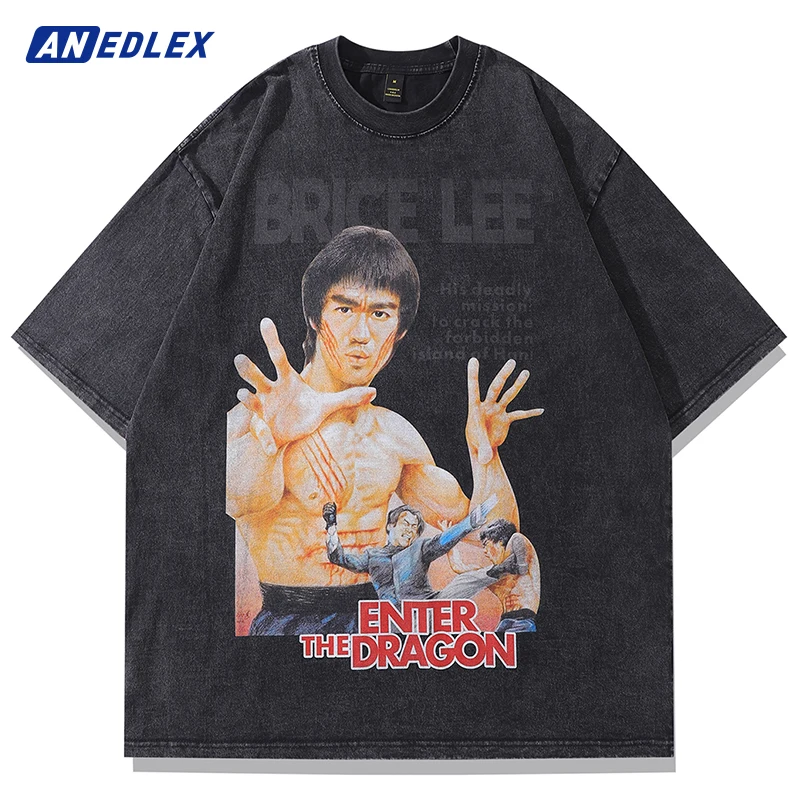 

Men Hip Hop Streetwear Oversized Vintage T Shirt Bruce Lee Graphic T Shirt Summer Cotton Washed Black Tshirt Harajuku Tees Tops