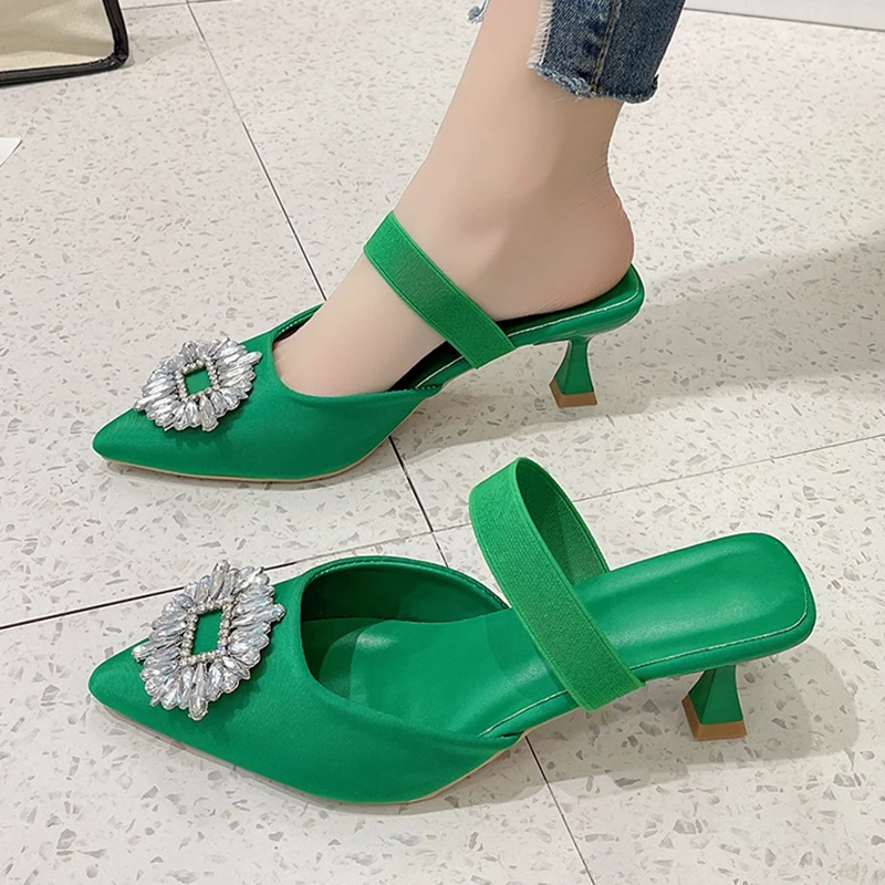 

2023 New Women's Shoes Pointed Toe Shallow Nude Green Diamond Shoes Low Heel Back Strappy Shoes Women Sandals Large Size 43