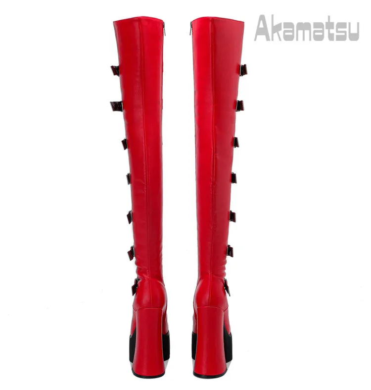 Lace-Up Metal Buckle Decoration Over-Knee Boots Leather Thick High-Heeled Platform Side Zipper Women's Shoes Large Size 40-43