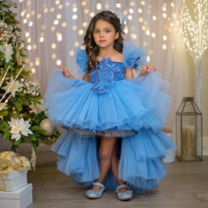 

Синие пышные платья для девочек, платья для девочек с высоким и низким цветочным рисунком, милое детское платье ручной работы для первого причастия, платье с длинным шлейфом для особых случаев