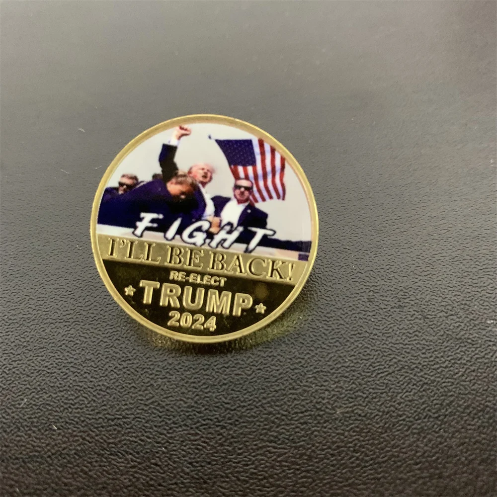 Золотые булавки с монетами Трампа 2024 броши изображением драки стрельбы я вернусь