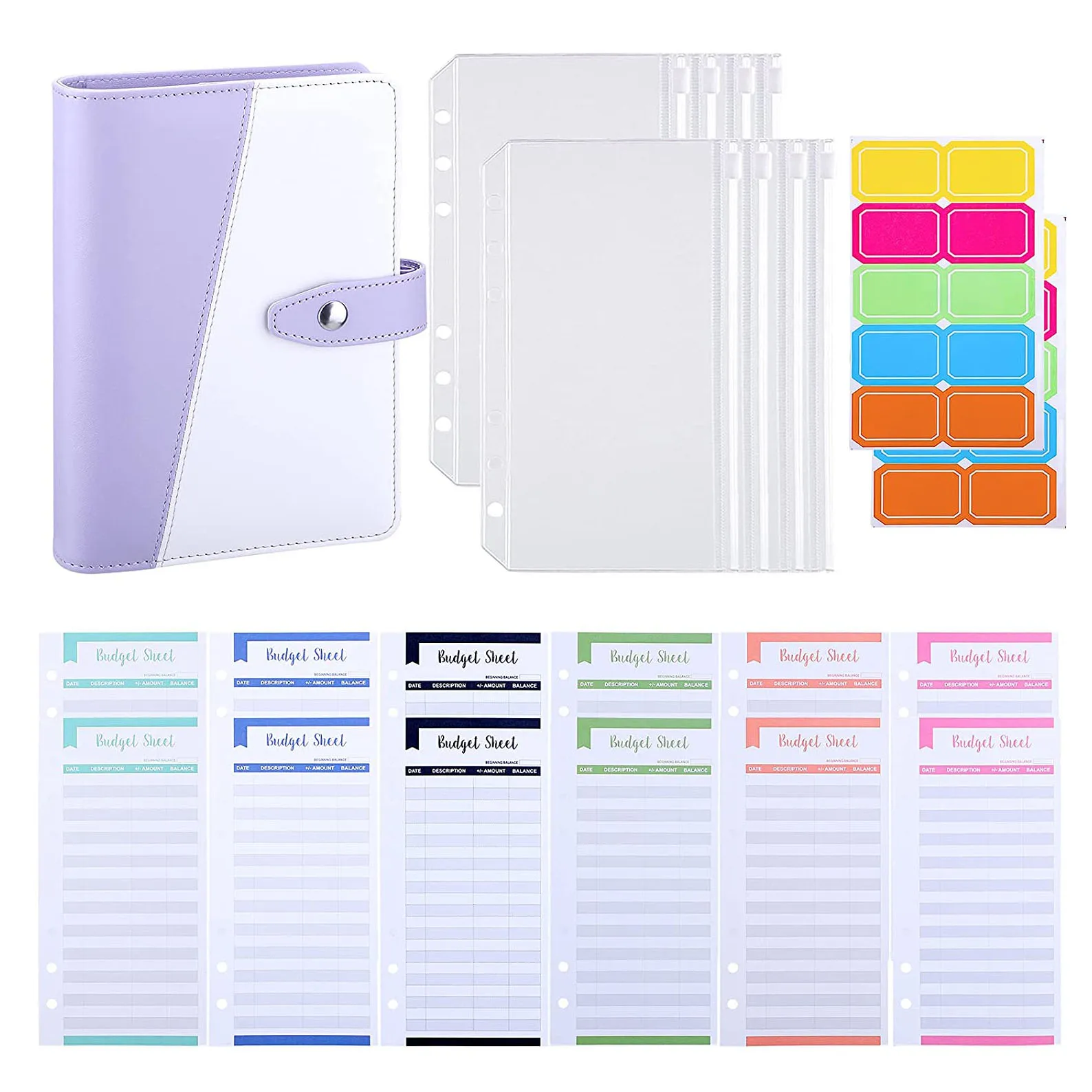

A6 PU Leather Binder with 12 Budget Sheets 8 Binder Pockets for Money Saving Budget Cash Envelopes Organizer with Label Stickers