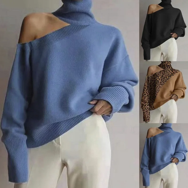 

Women's Wild Off Shoulder Knitted Sweaters High Collar Leopard Printed Long Sleeve Pullover Sueter Navideno Splicing Sweaters
