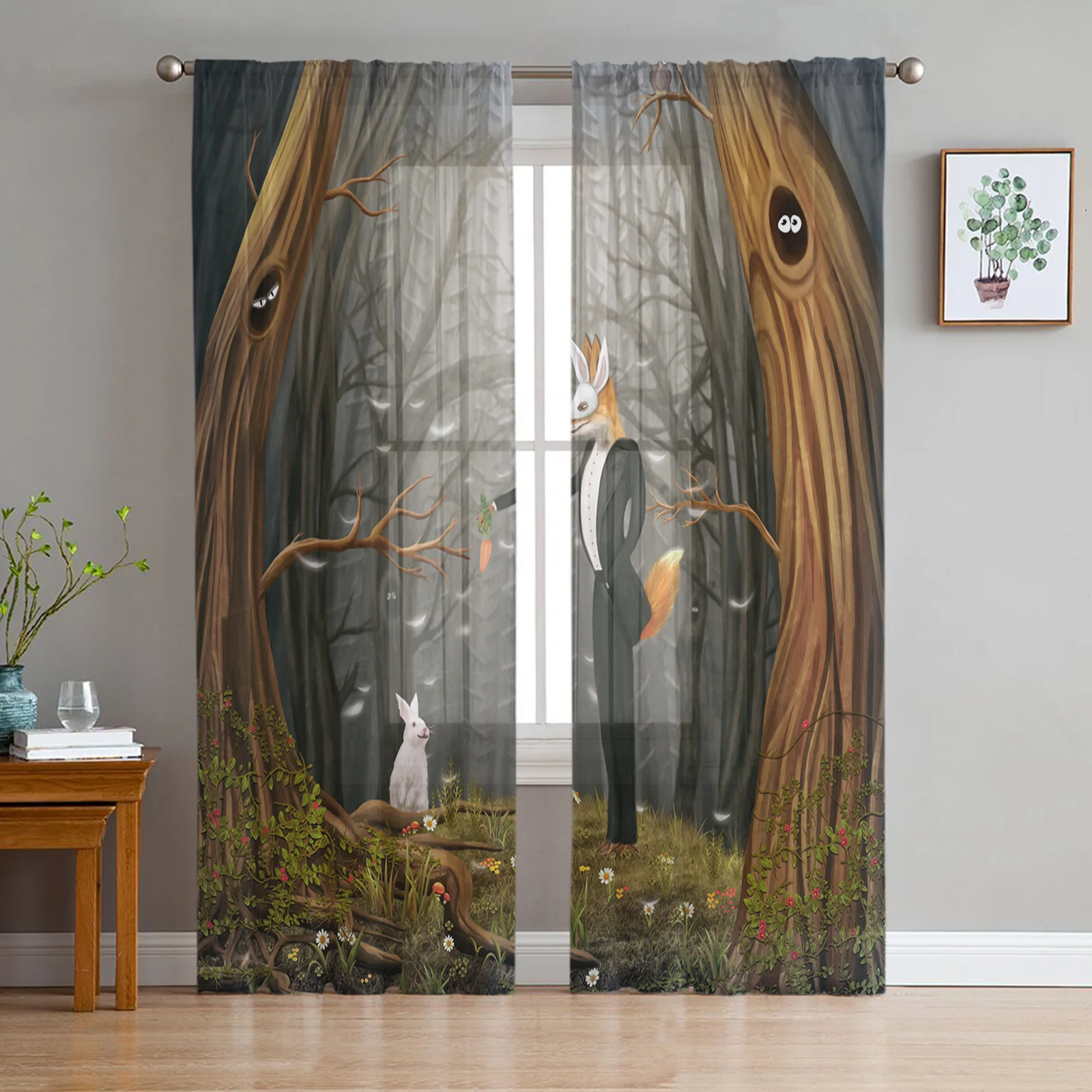 

Forest Animal Fox Rabbit Tulle Curtains For Living Room Voile Sheer Window Curtain For Bedroom Chiffon Curtains For Kitchen