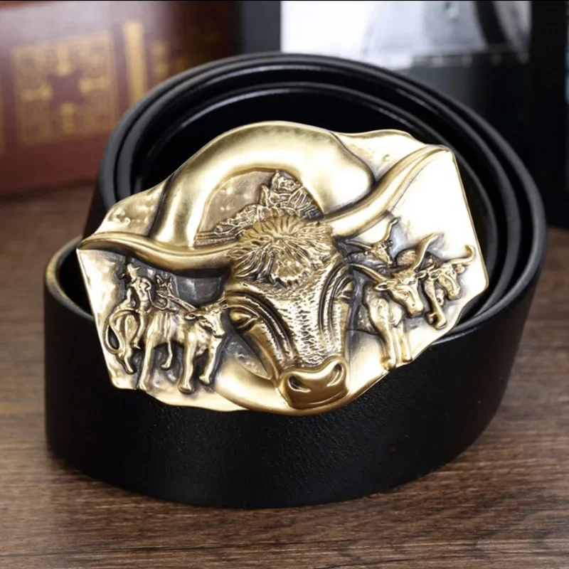 

Мужские ремни из натуральной воловьей кожи с медной пряжкой, 3,8 см