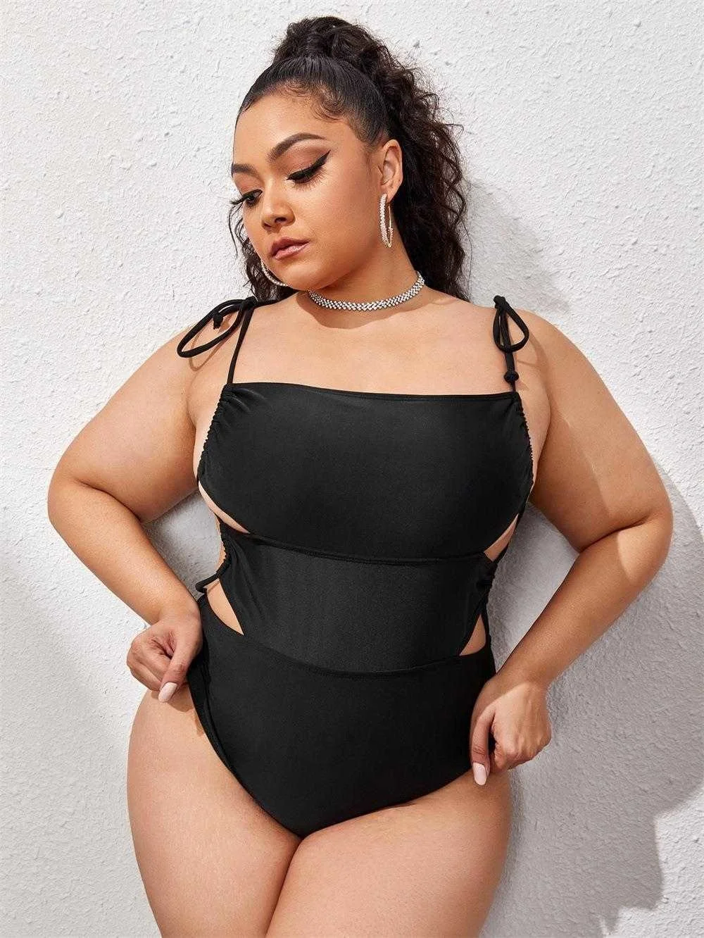 

Plus Size One Piece Bikini Solid Color Hollow Out Tied Cover Belly Conservative