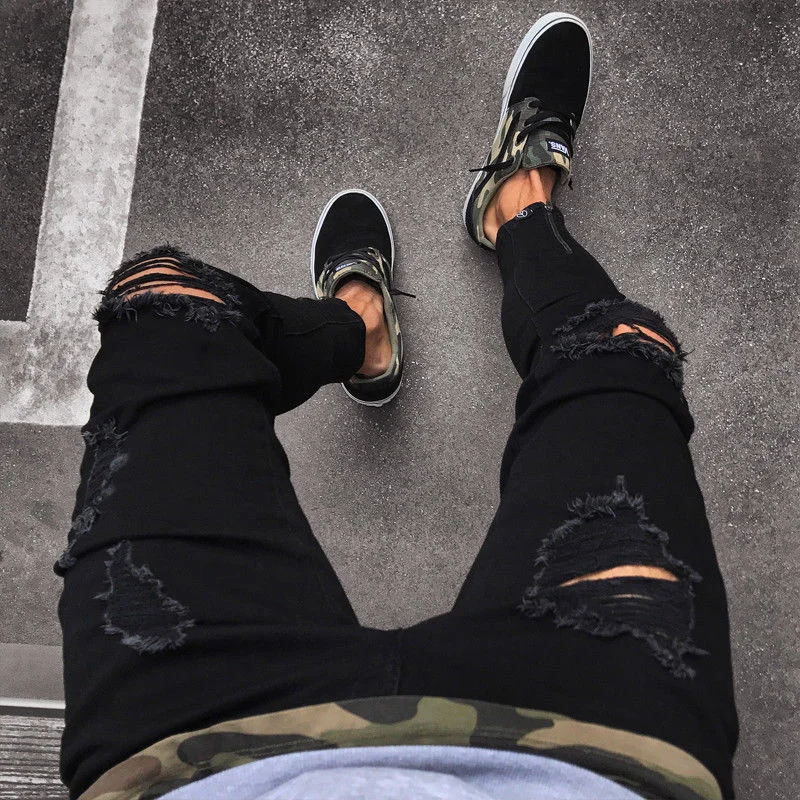 

Fashion Mens Cool Designer Black Ripped Skinny Jeans Destroyed Frayed Slim Fit Denim Pant Zipper Hop Pants Holes For Men