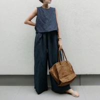 2022 summer minimalist new sleeveless casual cotton linen vest and wide leg pants two piece suit