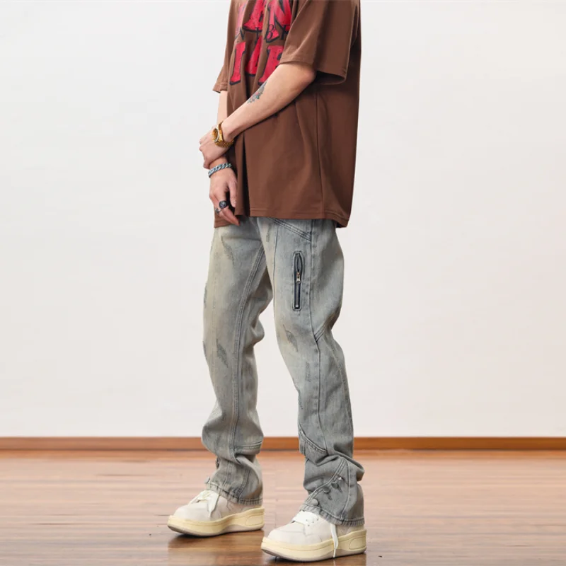 Hip Hip Streetwear Denim Straight Pants Mens Harajuku Retro Washed Cotton Casual Zipper Joggers Jeans Trousers Pants Jean Men