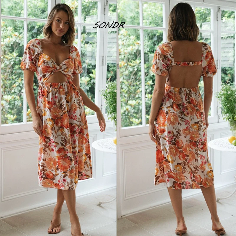 

Plus Size Sexy Backless Dress for Women Summer 2022 Casual Fashion Print Puff Sleeve Women Dress