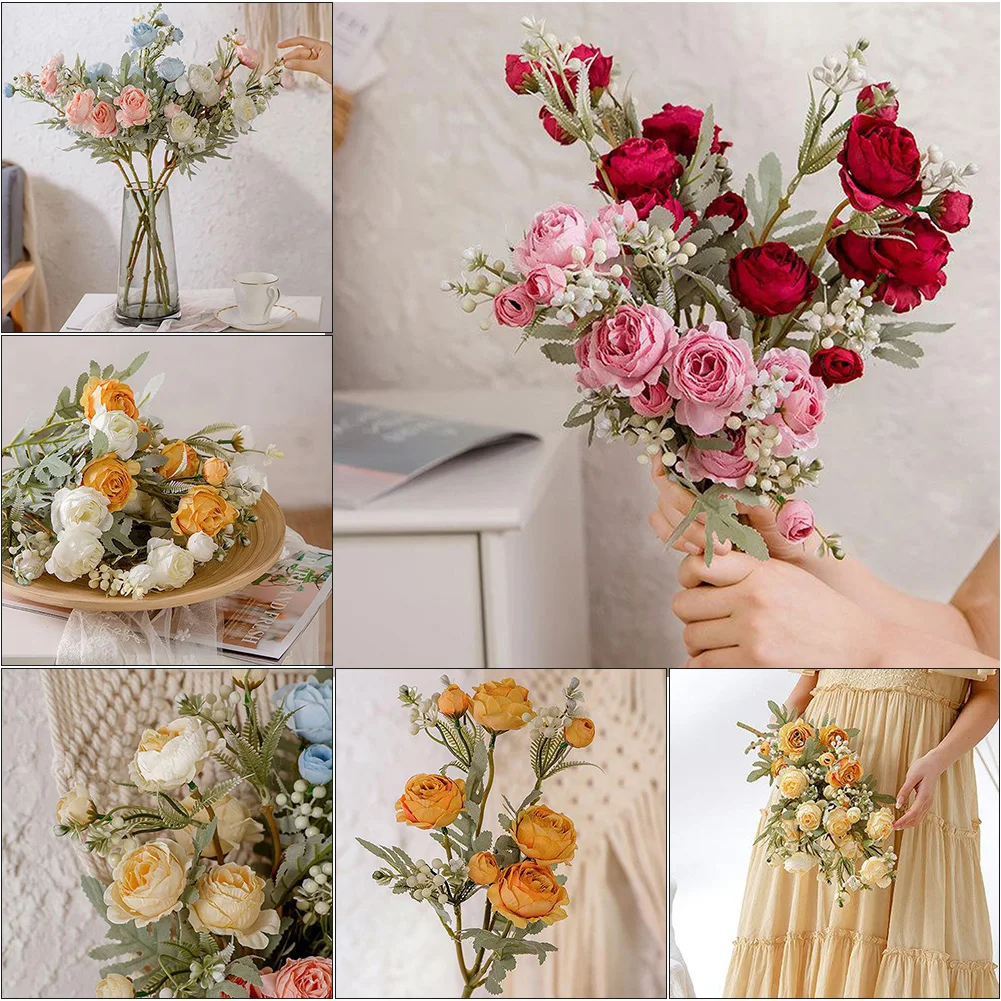 

2 Bunches 7 Heads Multicolors Artificial Flowers Bouquet Plastic Silk Real-like Rose Wedding Garden Home Party Decor