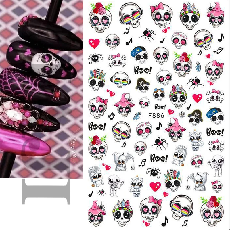 Наклейки для ногтей с милым мультяшным черепом |