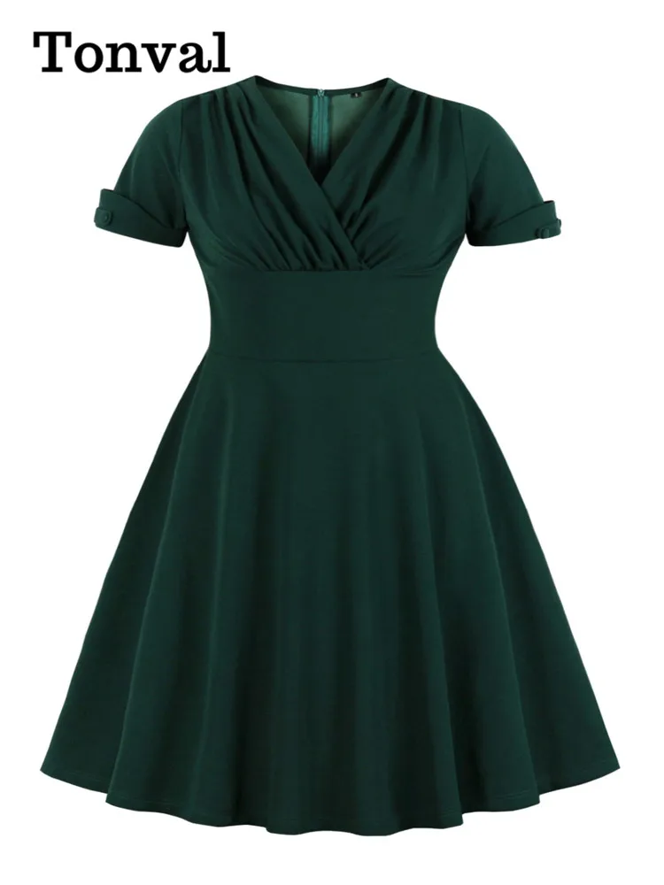 Женское винтажное платье Tonval Зеленое Длинное Платье с V-образным вырезом