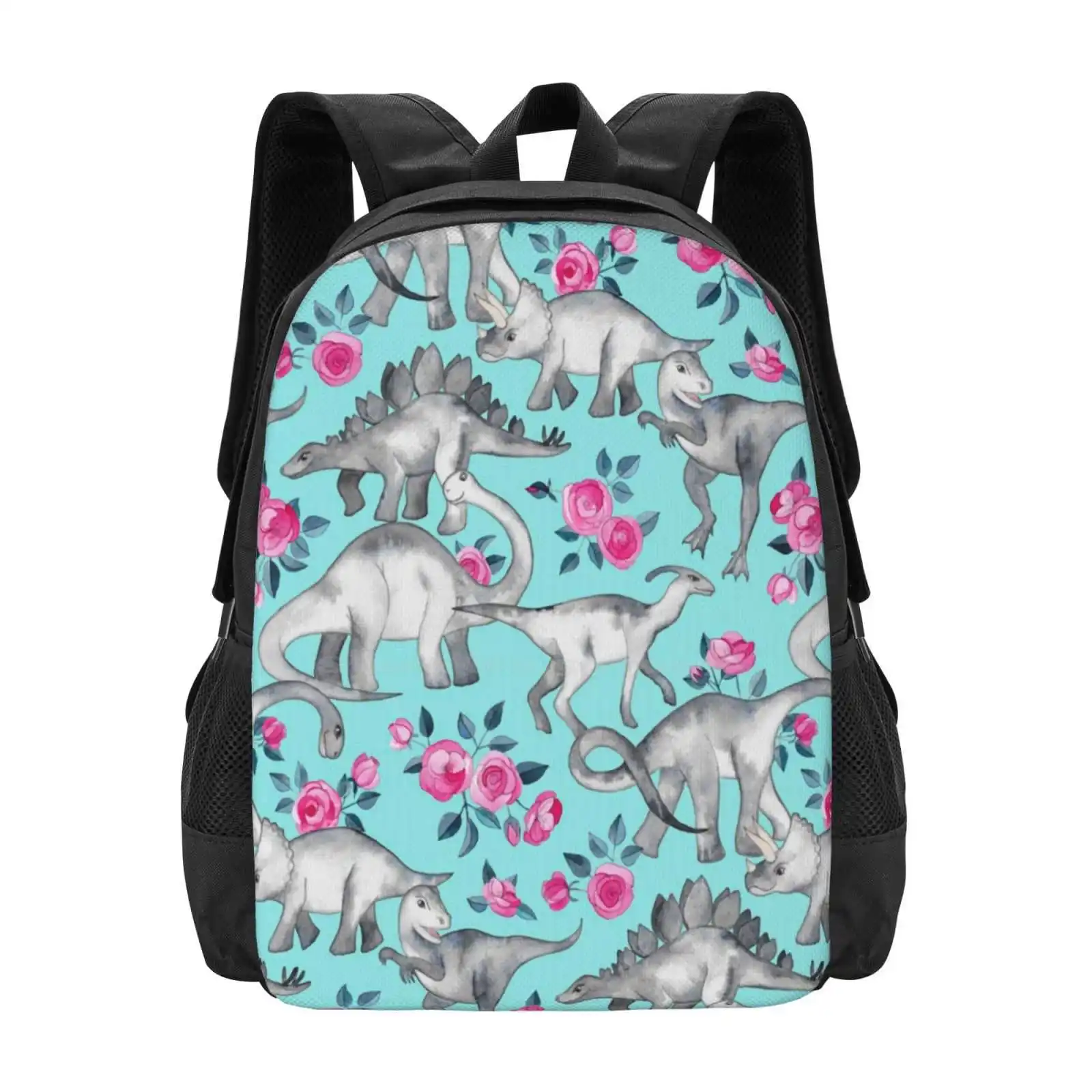 

Dinosaurs And Roses – Turquoise Blue Pattern Design Bag Student'S Backpack Painted Watercolor Roses Floral Cute Kids Hand
