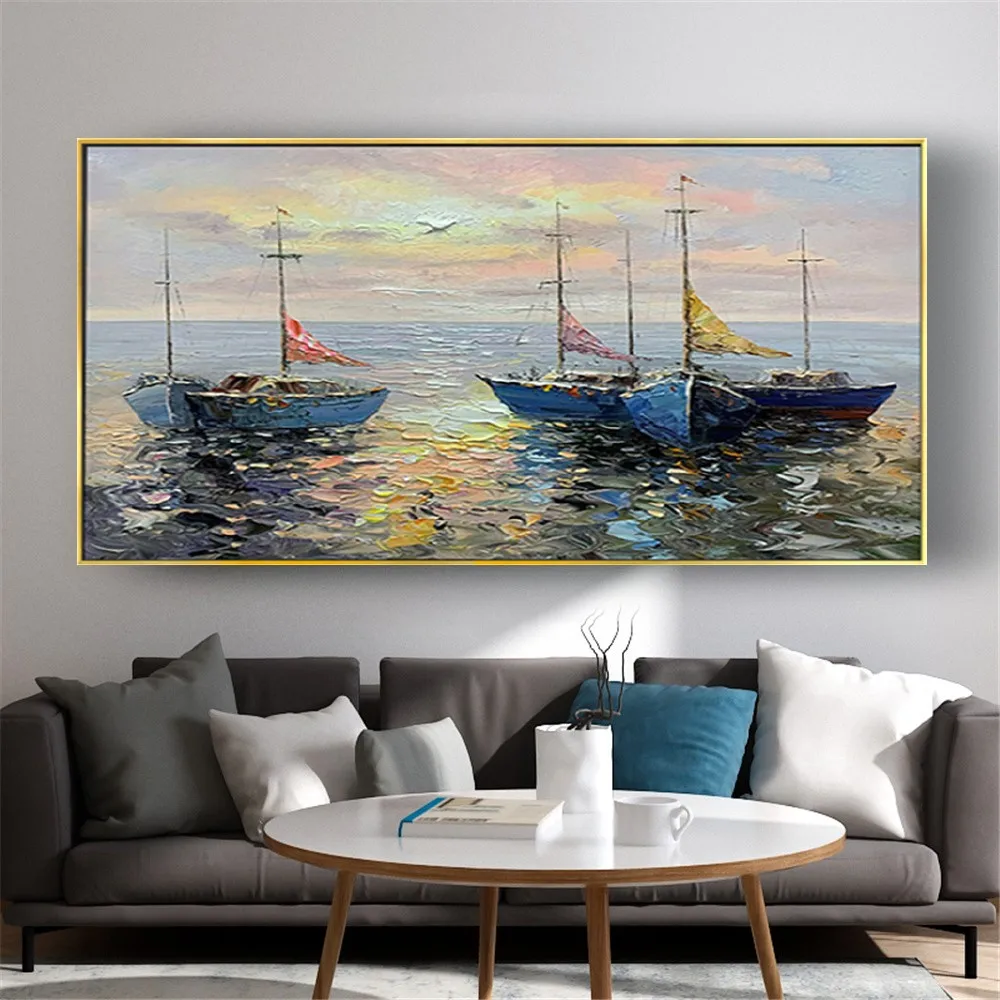 

Handmade Oil Painting Seascape Art Wall Hanging Canvas Paintings Pieces Sunset Wall Art For Office Living Room Decor
