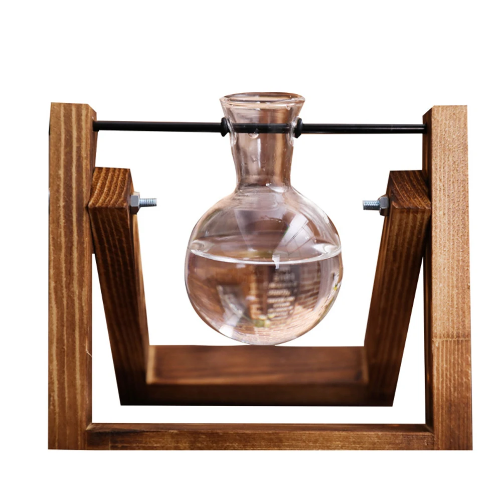 

Wooden Frame Glass Container Creative Hydroponic Plant Transparent Vase Tabletop Plant Bonsai Decor Glass Hanging Flower Pots