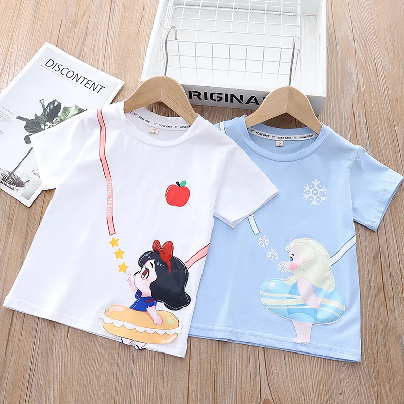 

Disney Summer Frozen Girls T-shirts Children's Short Sleeve Elsa Snow White Baby Kids Cotton Tops Cartoon Clothes Fashion 2-8Y