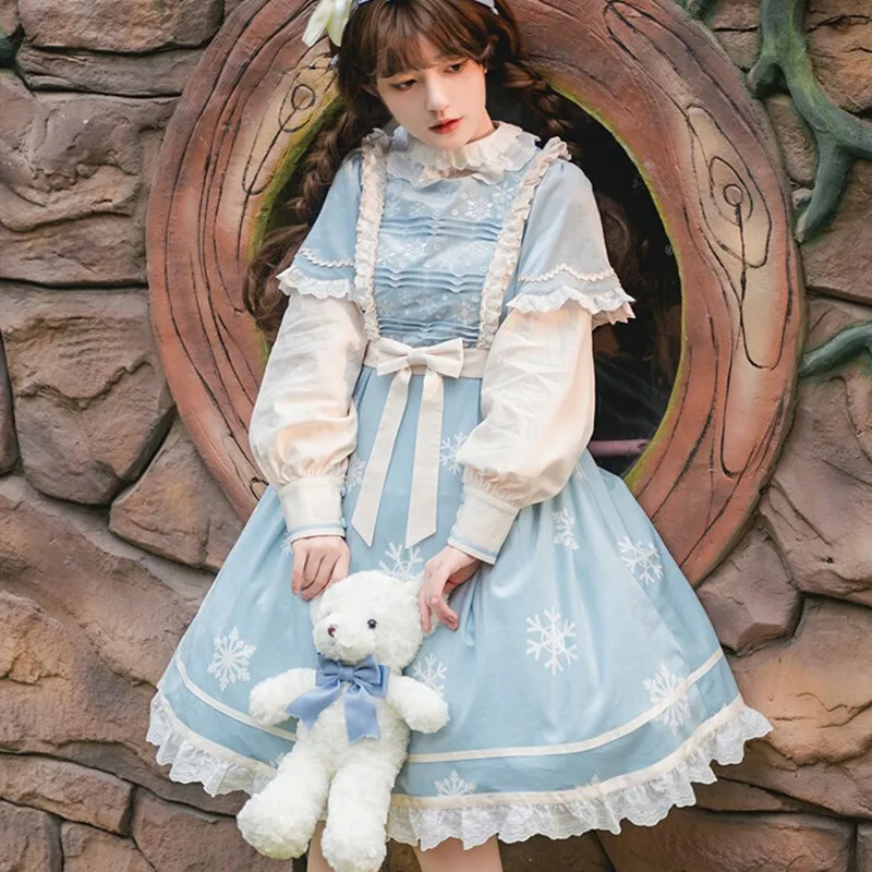 

Snowflake Printed Pleated Fake Two Pieces Set Lolita Dress Spring And Summer Loli Op Fashion Sweet Girls Kawaii Lolitas Op
