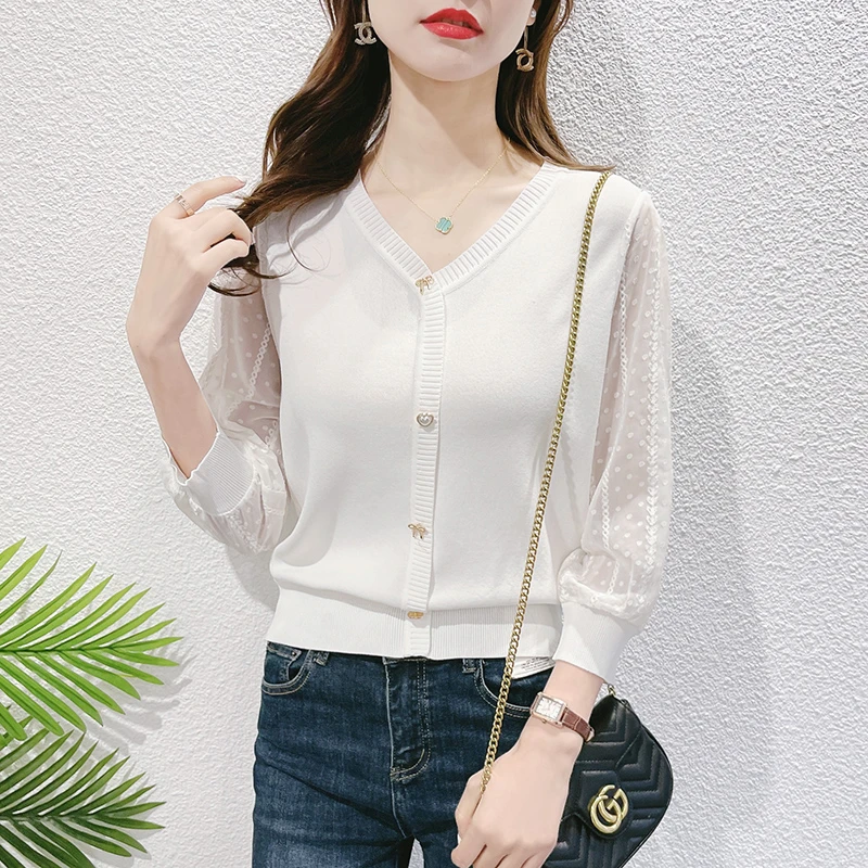 Женский трикотажный пуловер, Тонкие свитеры из вискозы с V-образным вырезом и рукавом 3/4, корейский стиль, весна-лето 2023