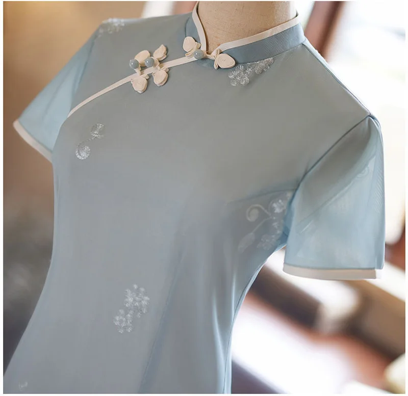 Женское длинное платье-Ципао с коротким рукавом синее элегантное винтажное