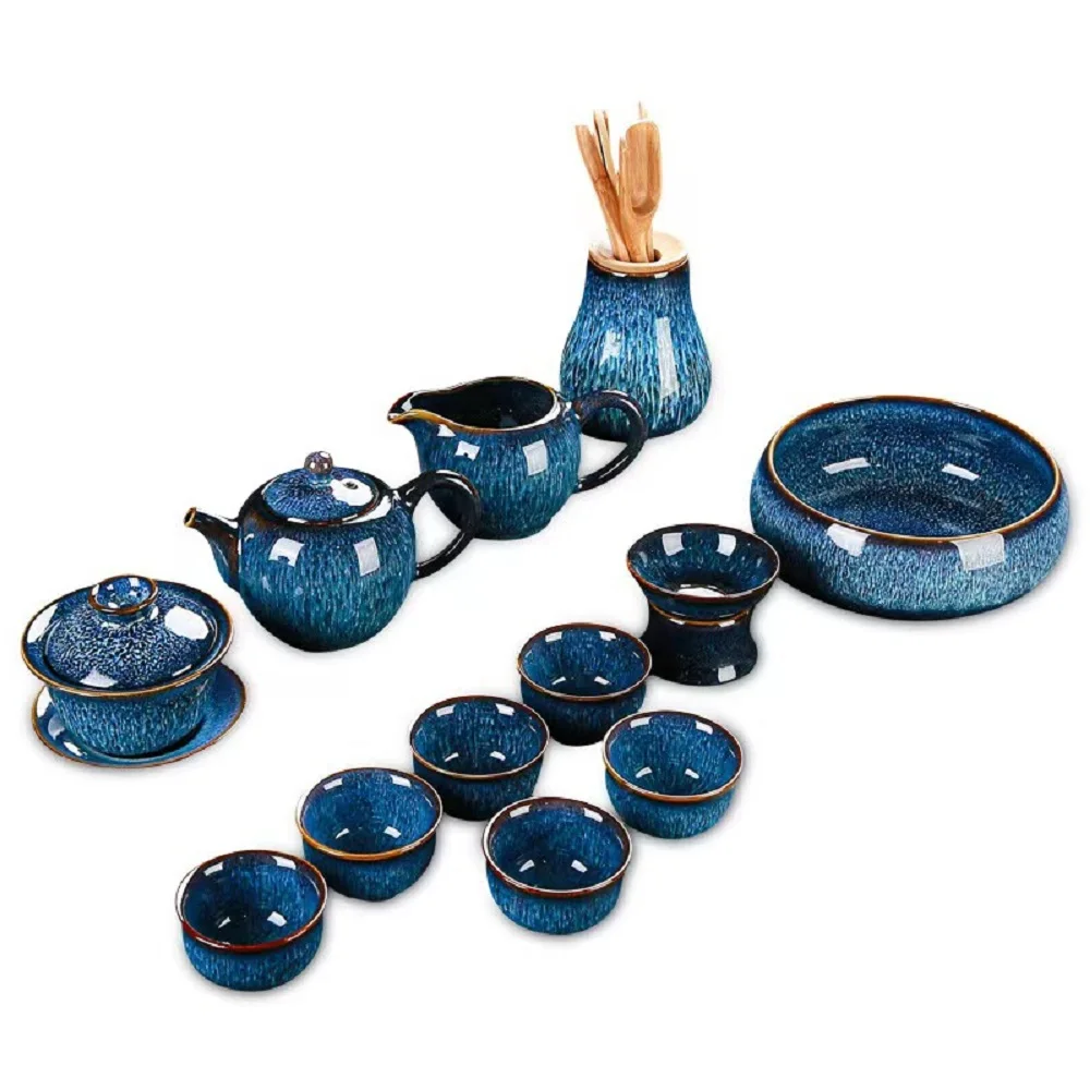 

Tea Set Ceramic Tianmu Jianzhan Kiln Transformation Tea Set Household Complete Set Jun Kiln Brushing Kung Fu Tea Set Gift