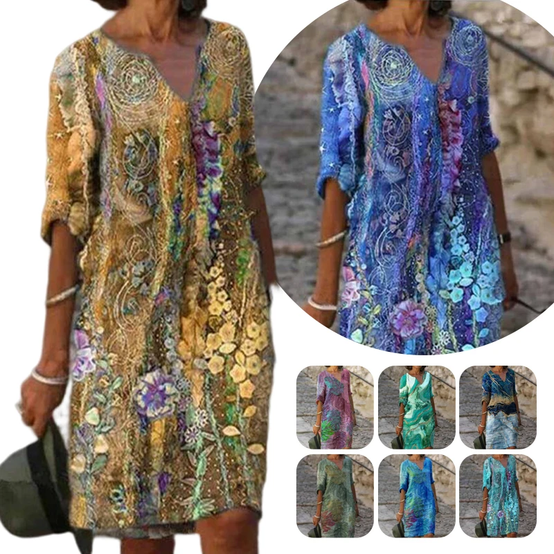 

Ladies Sexy Abstract Print Summer Beach Sundress Women Bohemian Dresses Shift Holiday Half Sleeve Casual Knee Length Dress